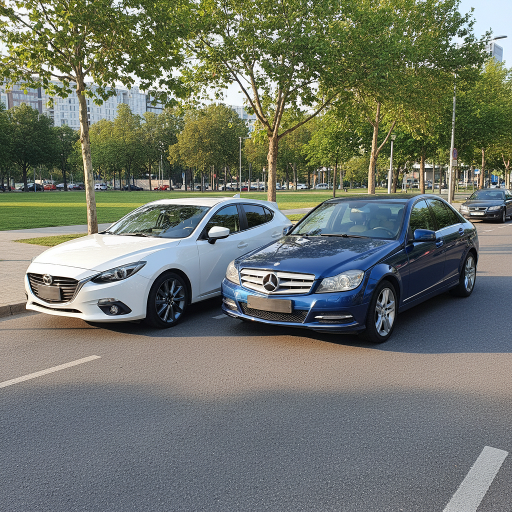 AI-фото: Нарисуй mazda 3 white и mercedes w204 c180 2012 года (синий)